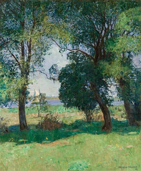 Norddeutsche Sommerlandschaft Mit Flusslauf, Segelbooten Und Fernem Kirchdorf by Heinrich Koester