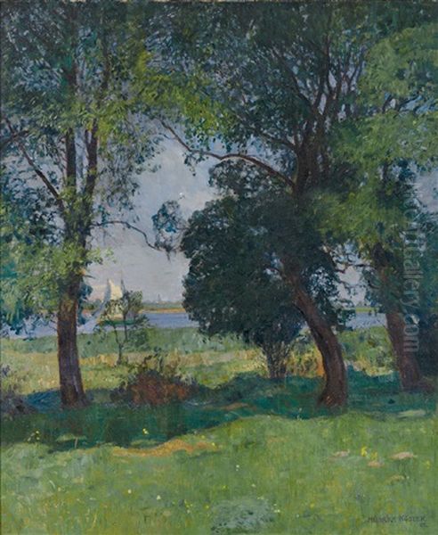 Prachtvolle Flusslandschaft Im Sonnigen Licht Mit Altem Baumbestand Und Vorbeiziehendem Boot Oil Painting by Heinrich Koester