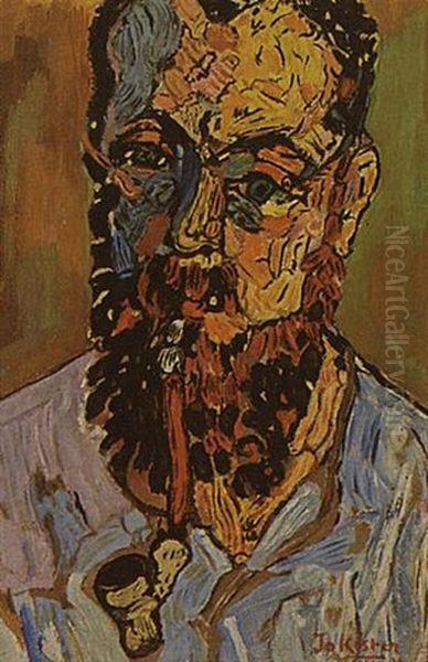 Portrait Of A Bearded Man Smoking A Pipe Oil Painting by Jo (van Hattem) Koster