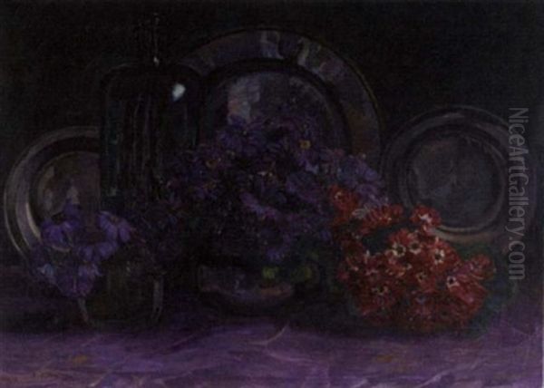 A Still Life With Anemones, A Bottle And Pewter Plates Oil Painting by Jo (van Hattem) Koster