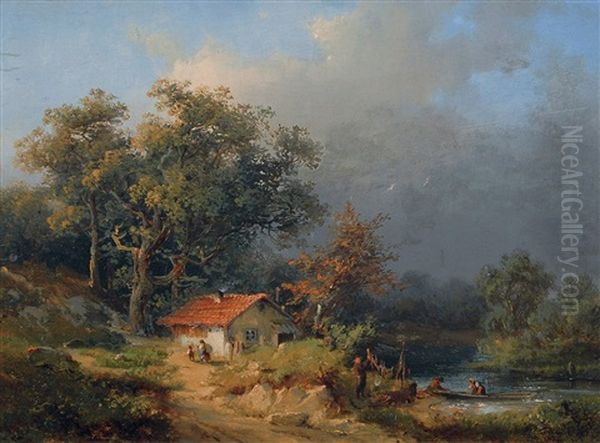 Belebte Fluslandschaft Oil Painting by Paul Koester