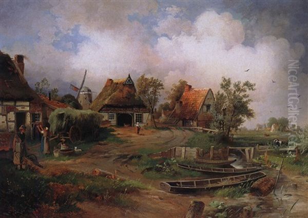 Hollandische Dorflandschaft Oil Painting by Paul Koester