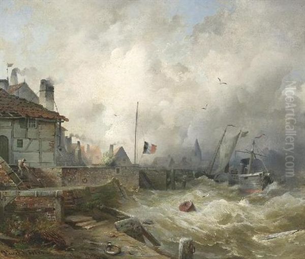 Dampfer In Sturmischer See An Der Mole Oil Painting by Paul Koester