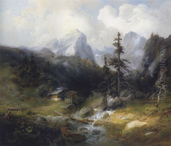 Almhutte Im Gebirgstal Oil Painting by Paul Koester