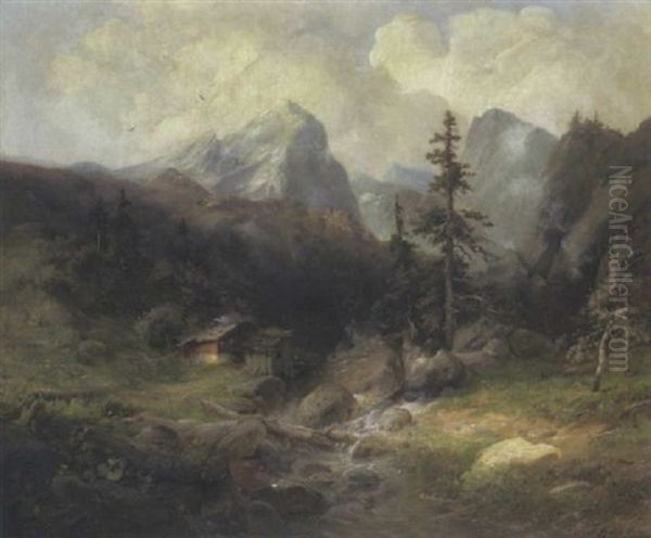 Almhutte Im Gebirgstal Oil Painting by Paul Koester