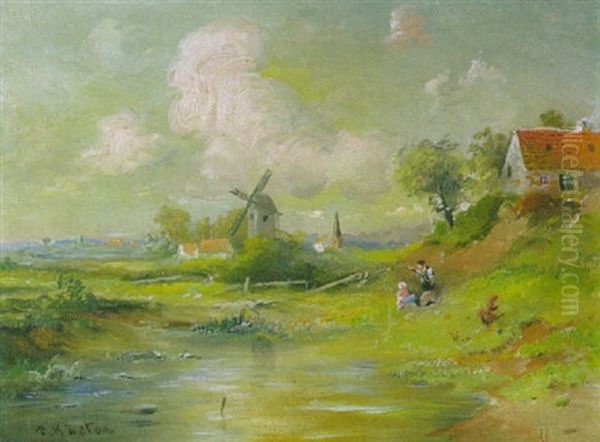 Landschaft Mti Angler Und Windmuhle Im Fruhling Oil Painting by Paul Koester