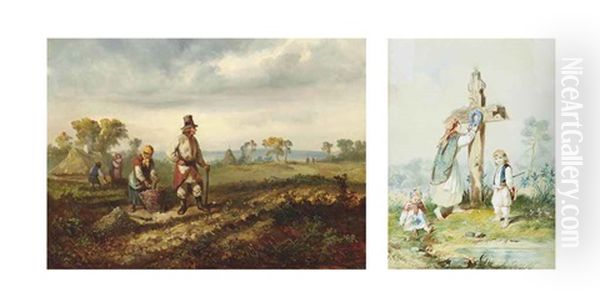 The Potato Pickers And Family At A Shrine, Watercolor (2 Works) Oil Painting by Franciszek Kosttrzievsky