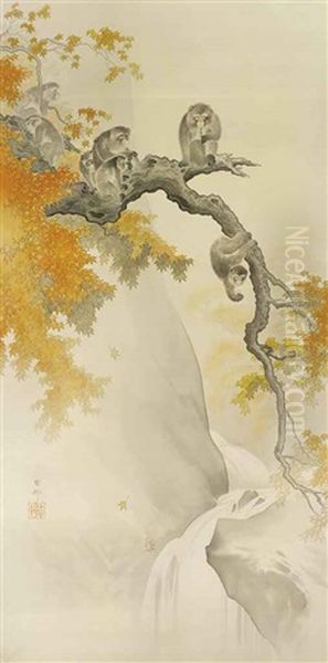 Monkeys In A Maple Tree Over A Waterfall Oil Painting by Ohara Kosun