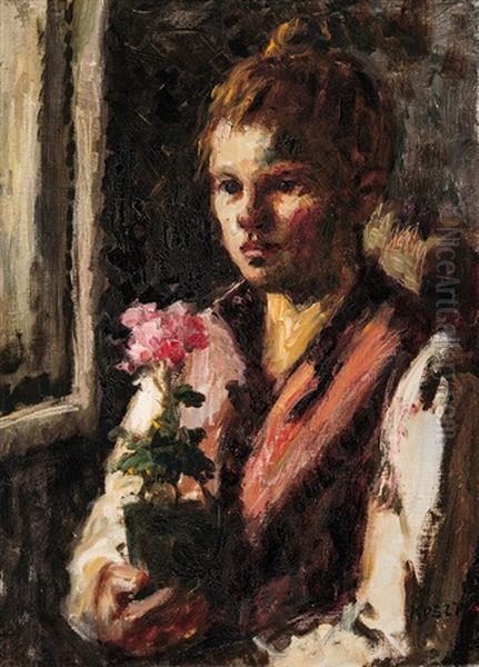 Girl With Geraniums Oil Painting by Jozsef Koszta