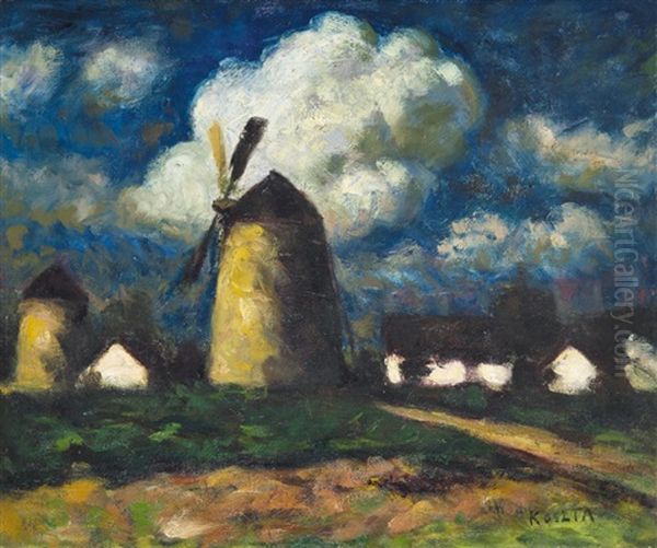 Windmill Oil Painting by Jozsef Koszta