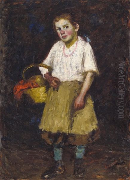 Little Girl With Basket Oil Painting by Jozsef Koszta