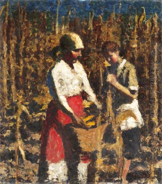 Cornhusking Oil Painting by Jozsef Koszta