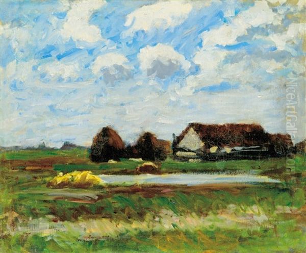 Farm With Haystackss Oil Painting by Jozsef Koszta