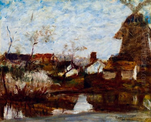 Wind Mill By The Water Oil Painting by Jozsef Koszta