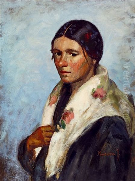 Girl With Kerchief Oil Painting by Jozsef Koszta