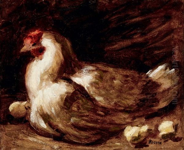 Hen With Chicks Oil Painting by Jozsef Koszta