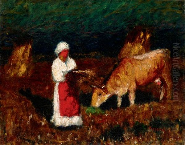 In The Field (woman With Cow) Oil Painting by Jozsef Koszta