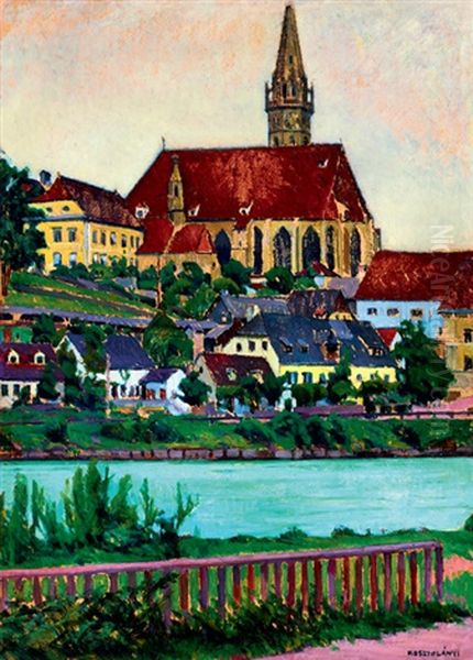 German Town On The Riverbank Oil Painting by Gyula Kosztolanyi Kann