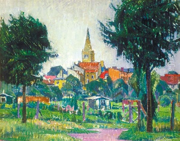 View Of A Small Town Church Oil Painting by Gyula Kosztolanyi Kann