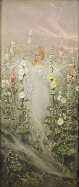 Girl With Hollyhocks Oil Painting by Vasili Aleksandrovich Kotarbinsky