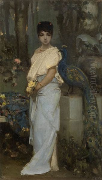 Young Lady With A Peacock Oil Painting by Vasili Aleksandrovich Kotarbinsky