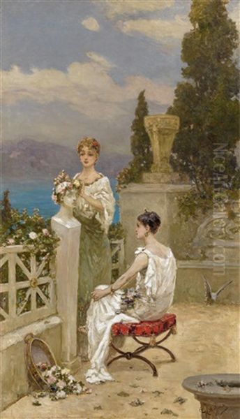 Young Women On A Terrace Oil Painting by Vasili Aleksandrovich Kotarbinsky