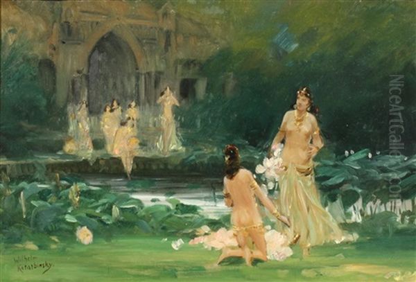 Nymphs By A Lily Pond Oil Painting by Vasili Aleksandrovich Kotarbinsky