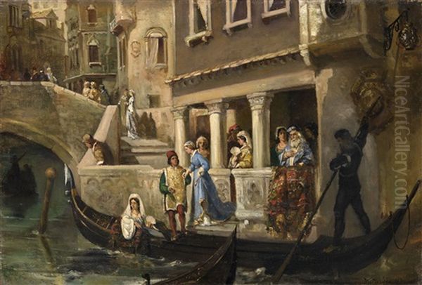 Dignitaries Boarding A Gondola On A Venetian Backwater Oil Painting by Vasili Aleksandrovich Kotarbinsky