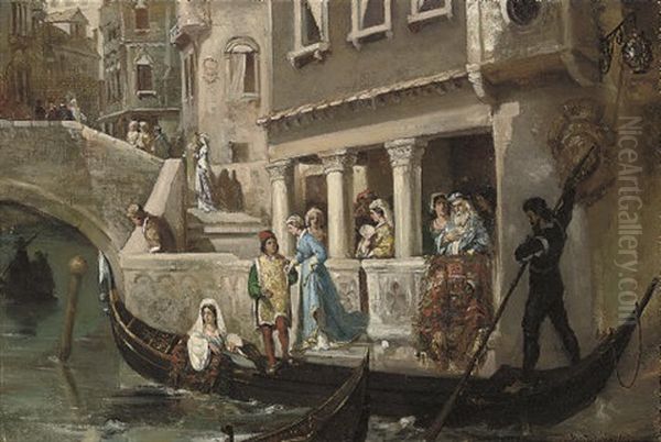 Dignitaries Boarding A Gondola On A Venetian Backwater Oil Painting by Vasili Aleksandrovich Kotarbinsky