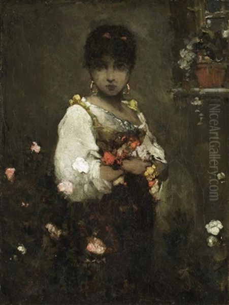 Eastern Beauty With Flowers Oil Painting by Vasili Aleksandrovich Kotarbinsky