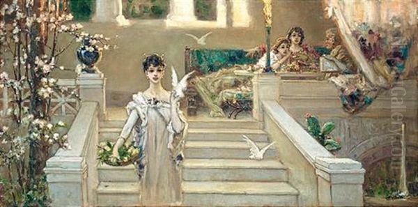 Roman Beauty With Doves Oil Painting by Vasili Aleksandrovich Kotarbinsky