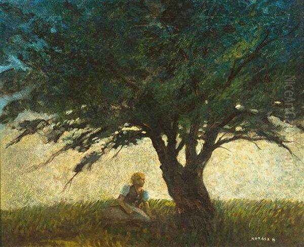 Madchen Unter Einem Baum Auf Einer Wiese Sitzend Oil Painting by Karoly Kotasz