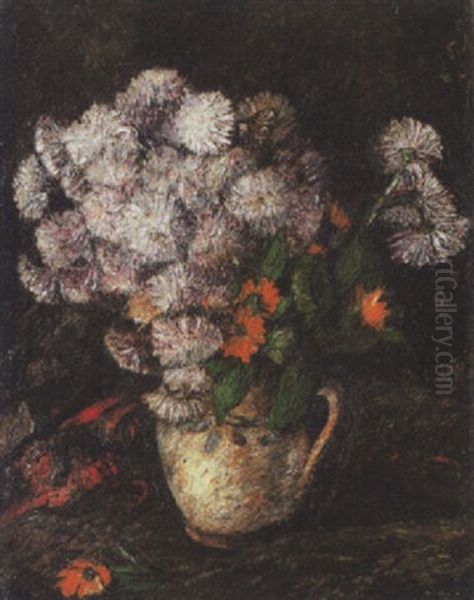 Blumenstilleben In Weisser Henkelvase Oil Painting by Karoly Kotasz