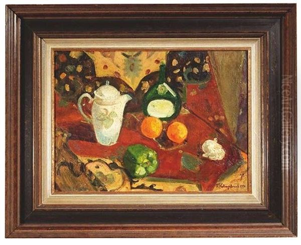 Stilleben Mit Gemuse, Obst, Kaffeekanne Und Weinflasche Oil Painting by Pavel Kotlarevsky