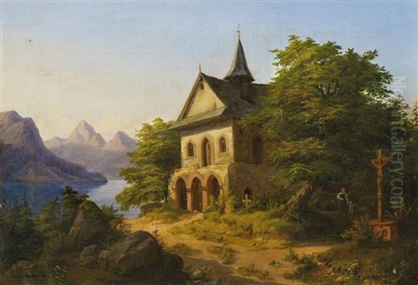 Landschaft Mit Bergsee Und Kapelle Oil Painting by Theodor Kotsch