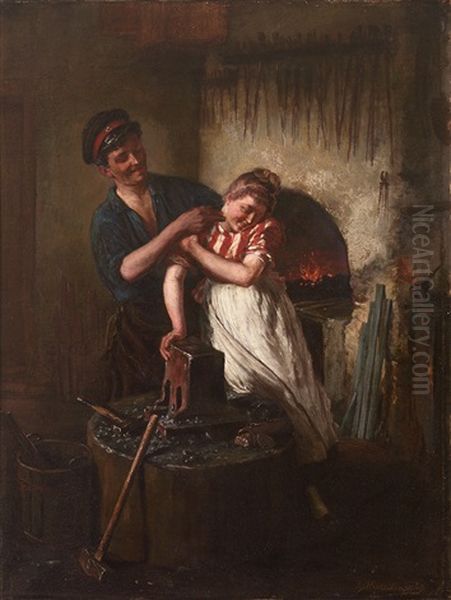 Tandelndes Paar Vor Der Esse Oil Painting by Hugo Kotschenreiter