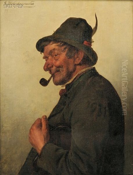 Gent With A Pipe And Feathered Cap Oil Painting by Hugo Kotschenreiter