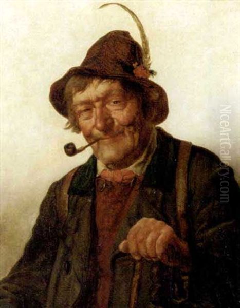 A Bavarian Man Smoking A Pipe Oil Painting by Hugo Kotschenreiter