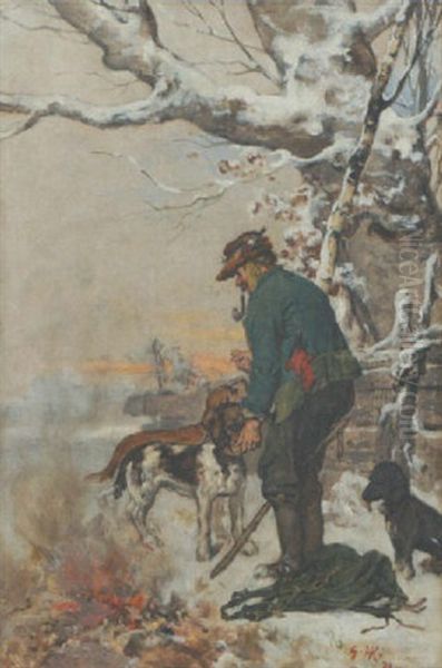 Bauer Mit Drei Jagdhunden In Winterlandschaft Oil Painting by Hugo Kotschenreiter