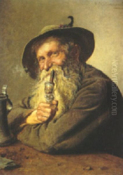 A Portrait Of A Bavarian Man Smoking A Pipe With A Stein On A Table Oil Painting by Hugo Kotschenreiter