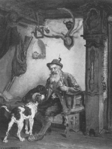 Alter Jager Mit Seinen Jagdhunden In Der Stube Oil Painting by Hugo Kotschenreiter