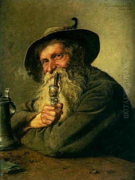 Portrait Of An Old Bavarian Man Smoking A Pipe With A Beer Stein On Table Oil Painting by Hugo Kotschenreiter