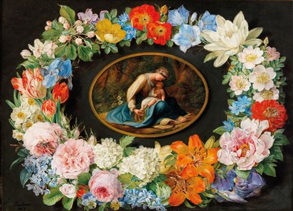 Madonna With Child, Surrounded By A Wreath Of Flowers Oil Painting by Pauline Von Koudelka-Schmerling