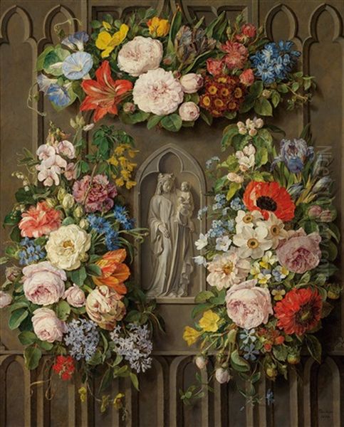 Madonna With Child Wreathed In Flowers Oil Painting by Pauline Von Koudelka-Schmerling