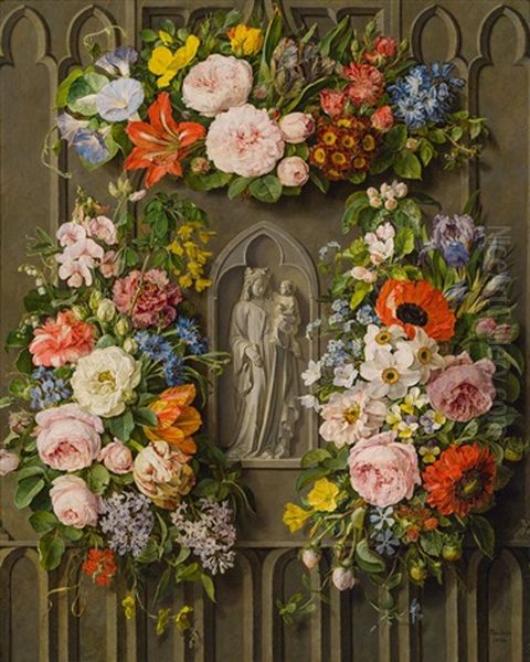 Madonna Mit Kind Von Blumen Umrankt Oil Painting by Pauline Von Koudelka-Schmerling