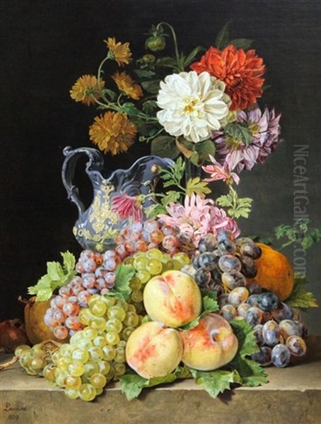 Still Lifes Of Fruit And Flowers On Stone Ledges (pair) Oil Painting by Pauline Von Koudelka-Schmerling