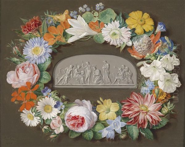 Allegorie Auf Die Musik, Umgeben Von Einem Blumenkranz (+ Allegorie Auf Die Wissenschaft Umgeben Von Einem Blumenkranz; 2 Works) Oil Painting by Pauline Von Koudelka-Schmerling