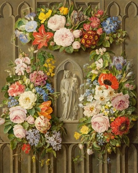 Madonna Mit Kind Von Blumen Umrankt Oil Painting by Pauline Von Koudelka-Schmerling