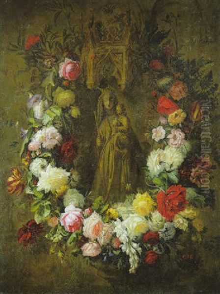 Eine Blumenguirlande Um Eine Gotische Madonnenstatue Oil Painting by Pauline Von Koudelka-Schmerling