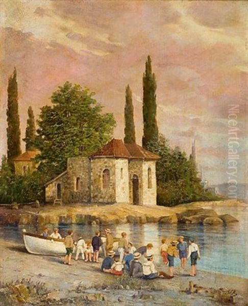 On The Beach, Spetses (+ Outside The Church; 2 Works) Oil Painting by Ioannis Koutsis